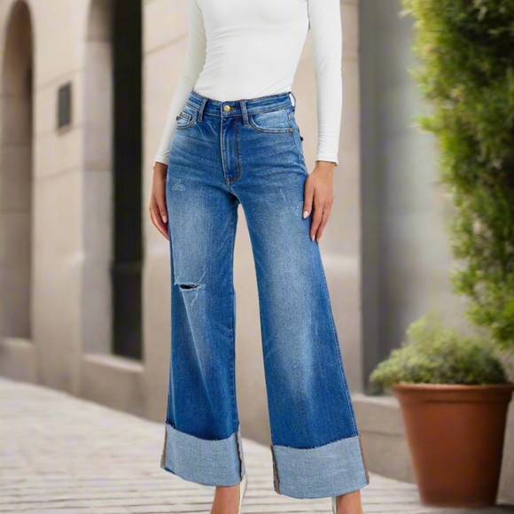 Judy Blue High-Rise Torn Boyfriend Jeans Ultra Wide Leg Cuff Raw Hem Denim Pants - Picture 4 of 16